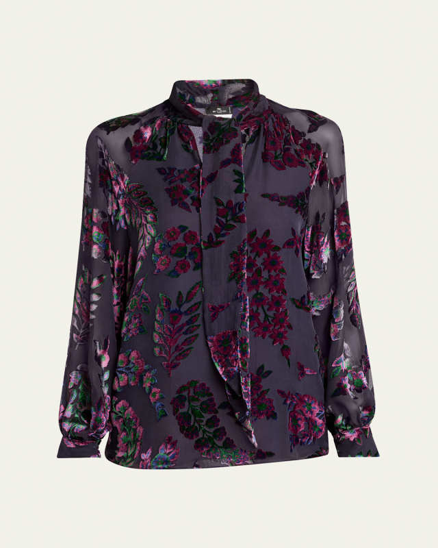 Long-Sleeve Burnout Tie-Neck Blouse